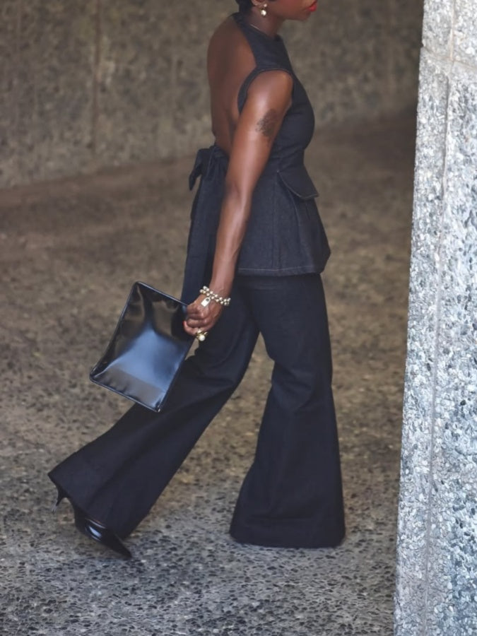 Backless Denim Peplum Top & Pant