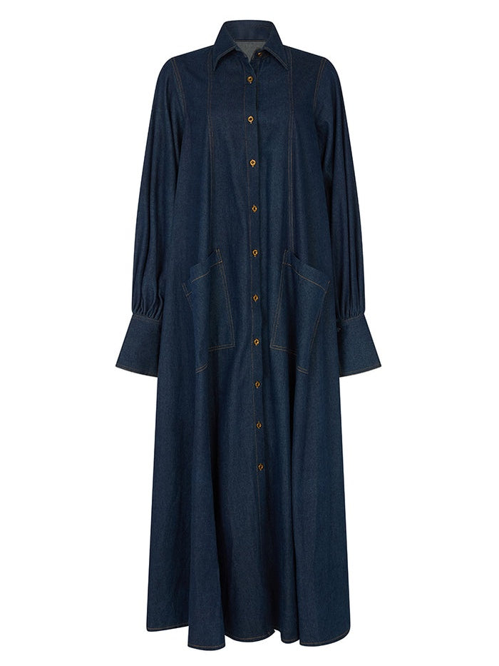 Maxi Flared Shirt Dress In Dark Denim