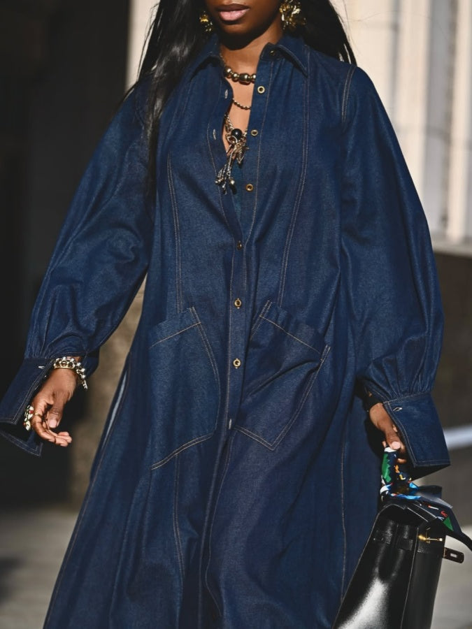 Maxi Flared Shirt Dress In Dark Denim