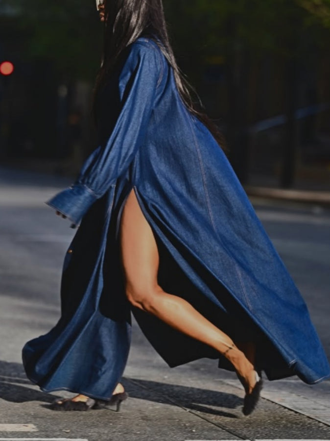 Maxi Flared Shirt Dress In Dark Denim
