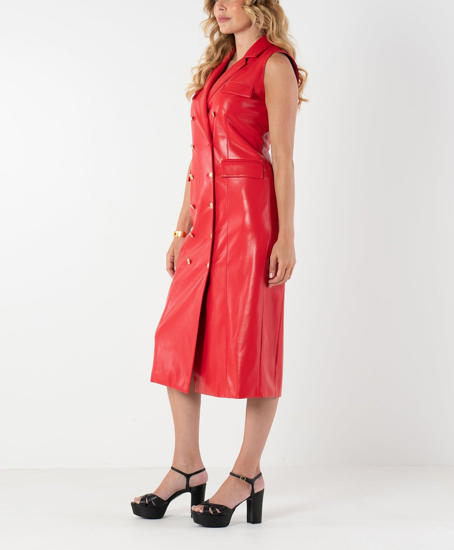 Elegant Double-Breasted Sleeveless PU Leather Dress