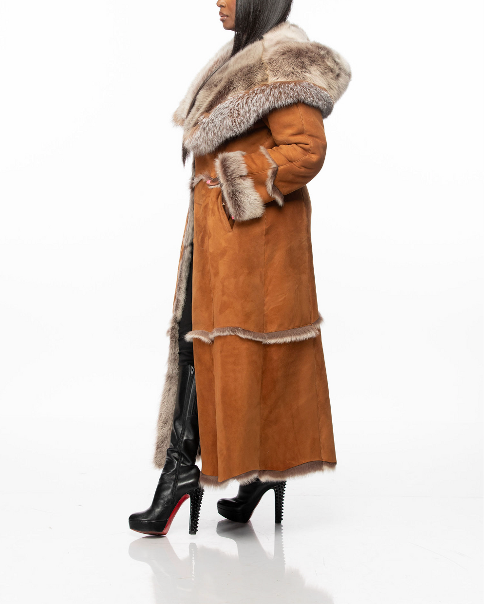 Crystal Fox Fur Large Collar Long Fur Collar Hooded Jacket
