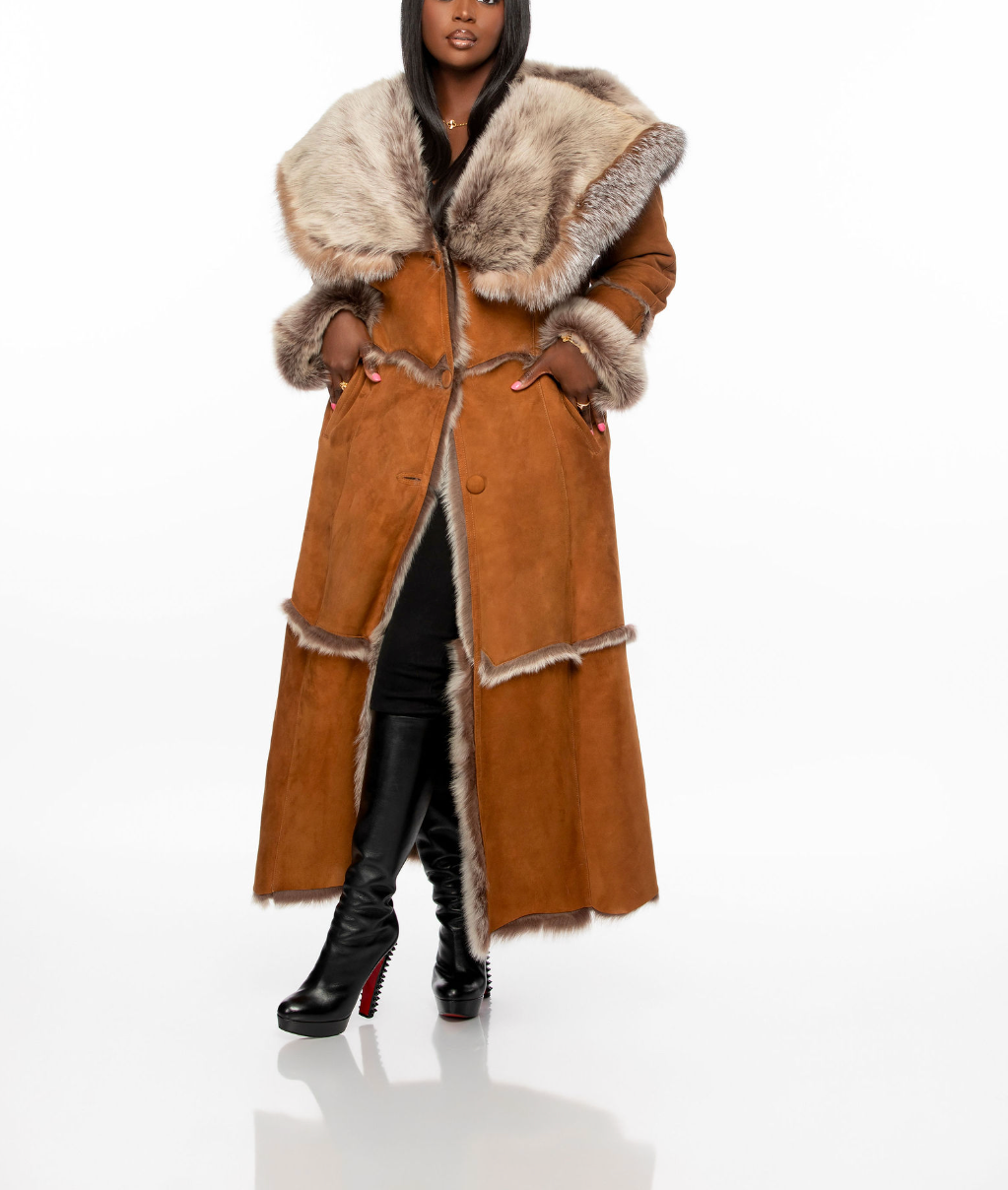 Crystal Fox Fur Large Collar Long Fur Collar Hooded Jacket