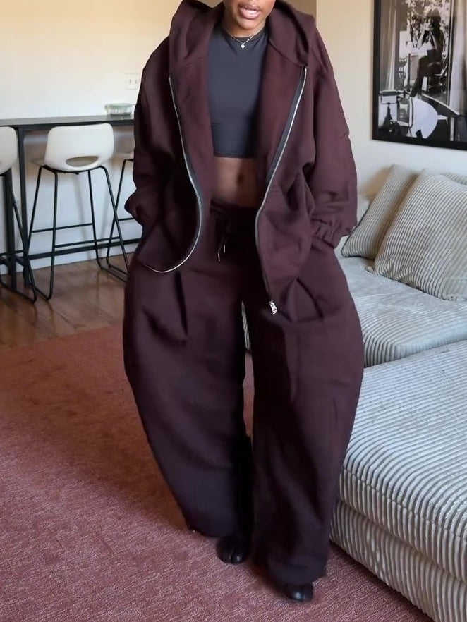 Casual Long-sleeved Hooded Cardigan & Trousers Set