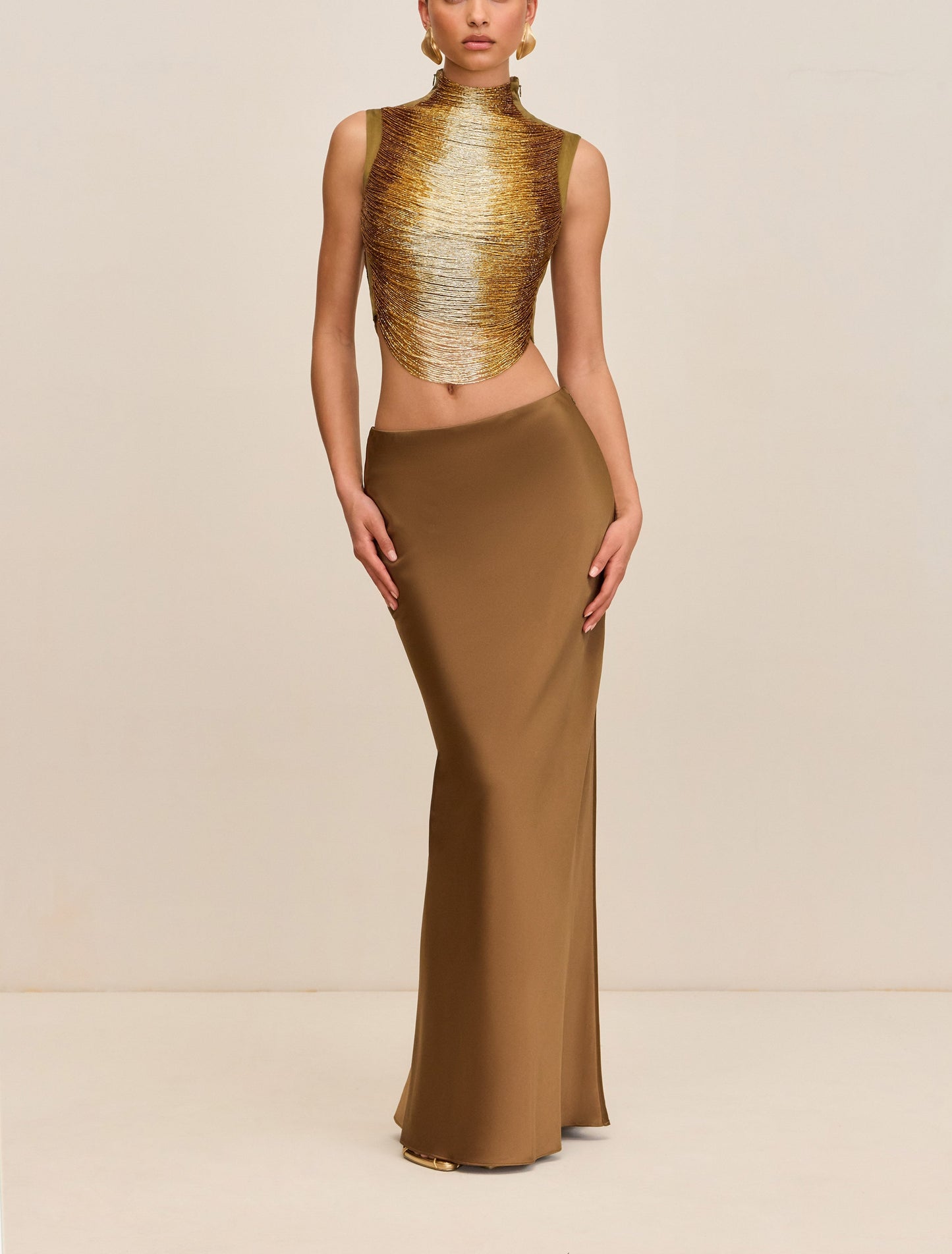 Sleeveless High-neck Fringe Paneled Top & Satin Skirt Set