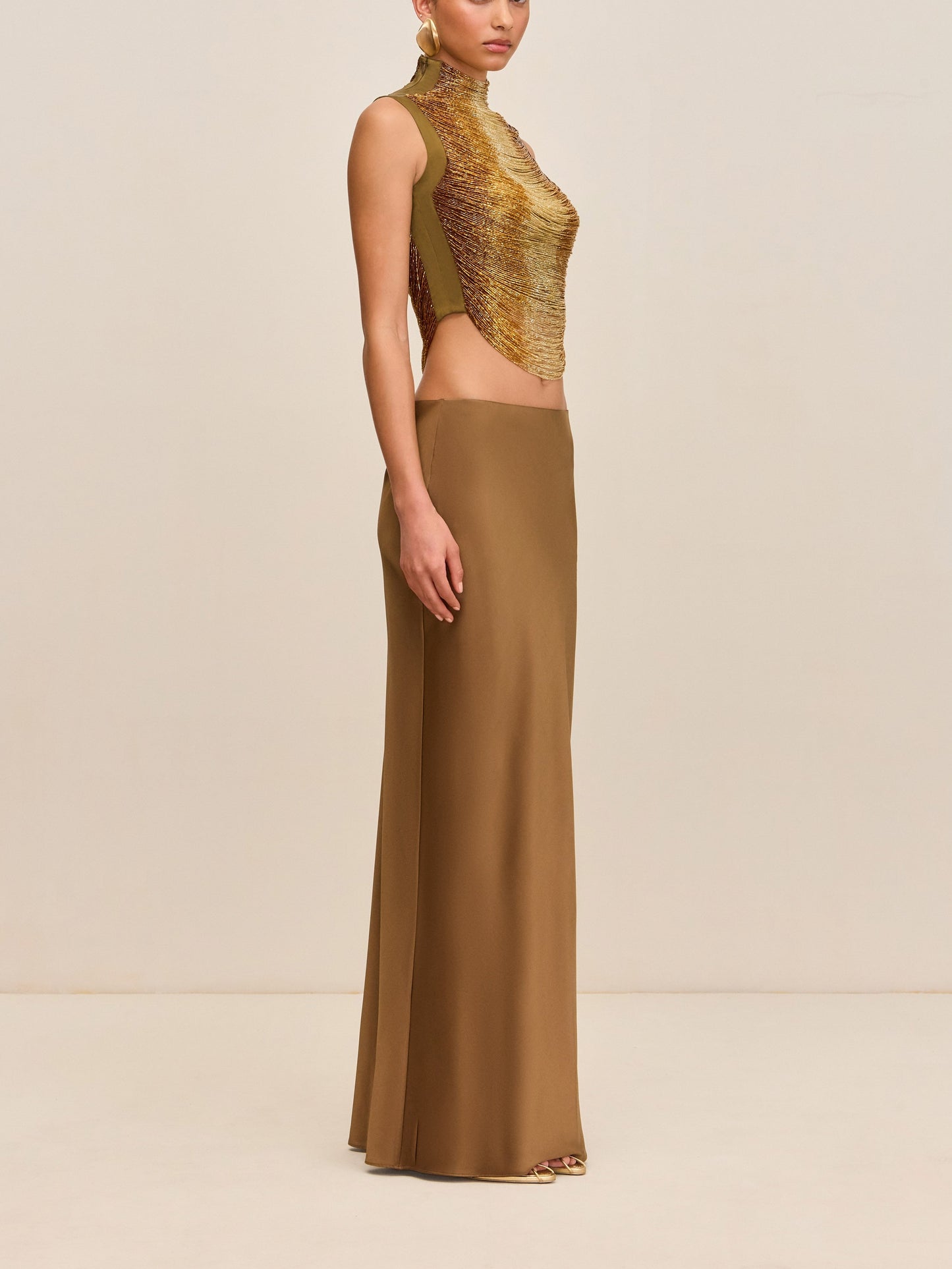 Sleeveless High-neck Fringe Paneled Top & Satin Skirt Set
