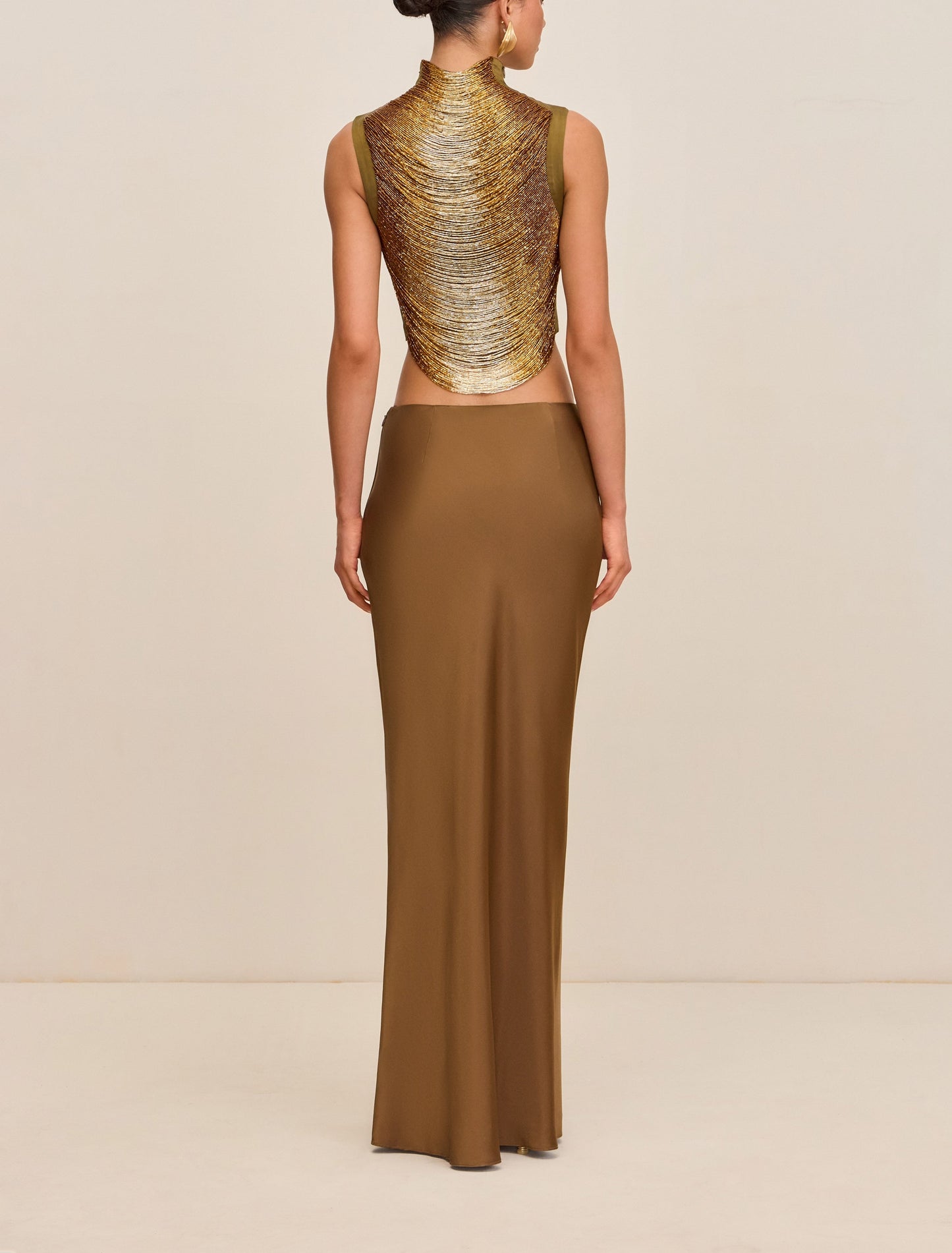 Sleeveless High-neck Fringe Paneled Top & Satin Skirt Set
