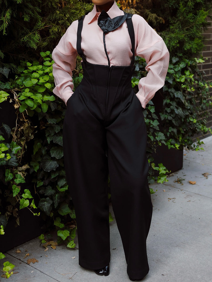 Lapel Floral Shirt & Suspender Rounded Corset Pants Set