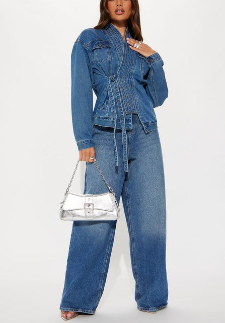 Bow Tie Front Denim Jacket - Medium Wash