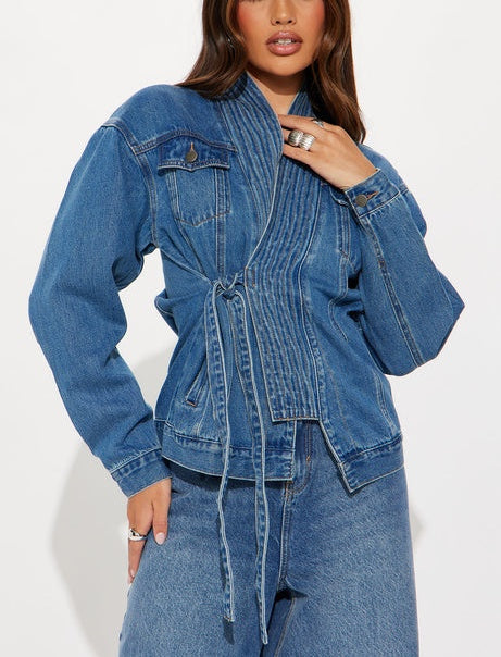 Bow Tie Front Denim Jacket - Medium Wash