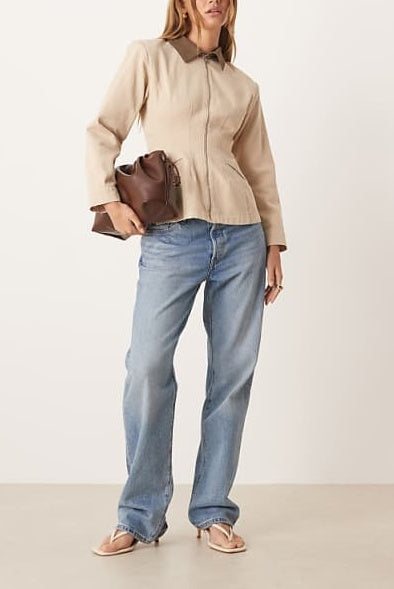 Contrast Collar Denim Cinched Barn Jacket