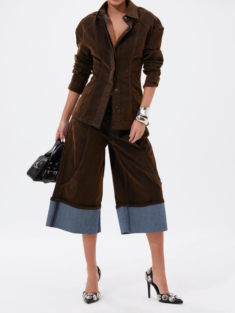 Fall Velvet Denim Button Down And Short Set