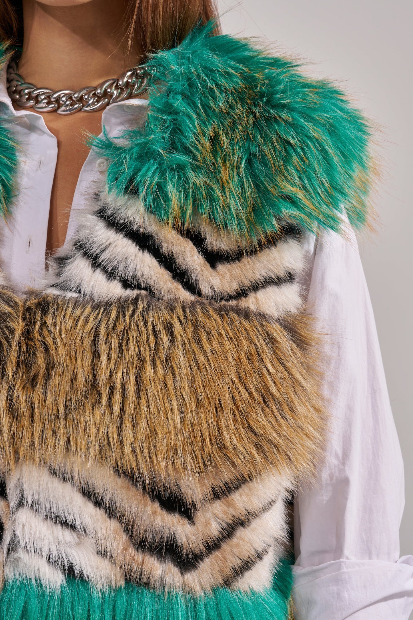 Faux Fur Multicolor Striped Sleeveless Coat