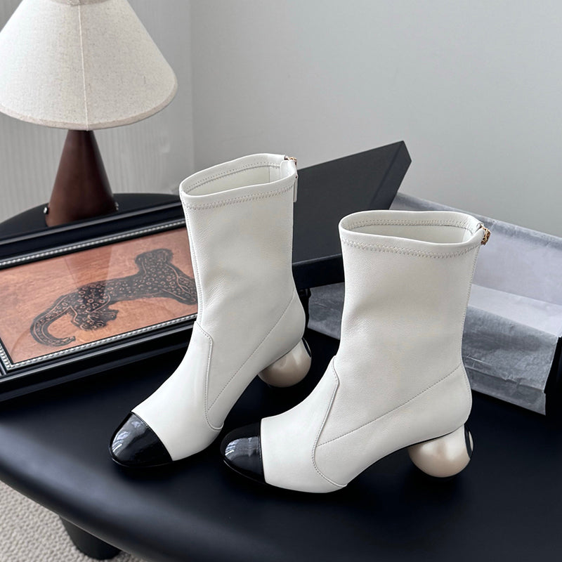 Two-tone Ankle Boots With Back Zipper And Pearl-embellished Heels