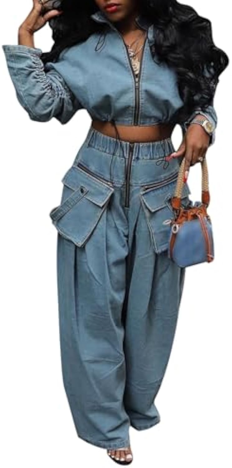 Denim Zip Long Sleeve Crop Jacket & Drawstring Loose Wide Leg Pant