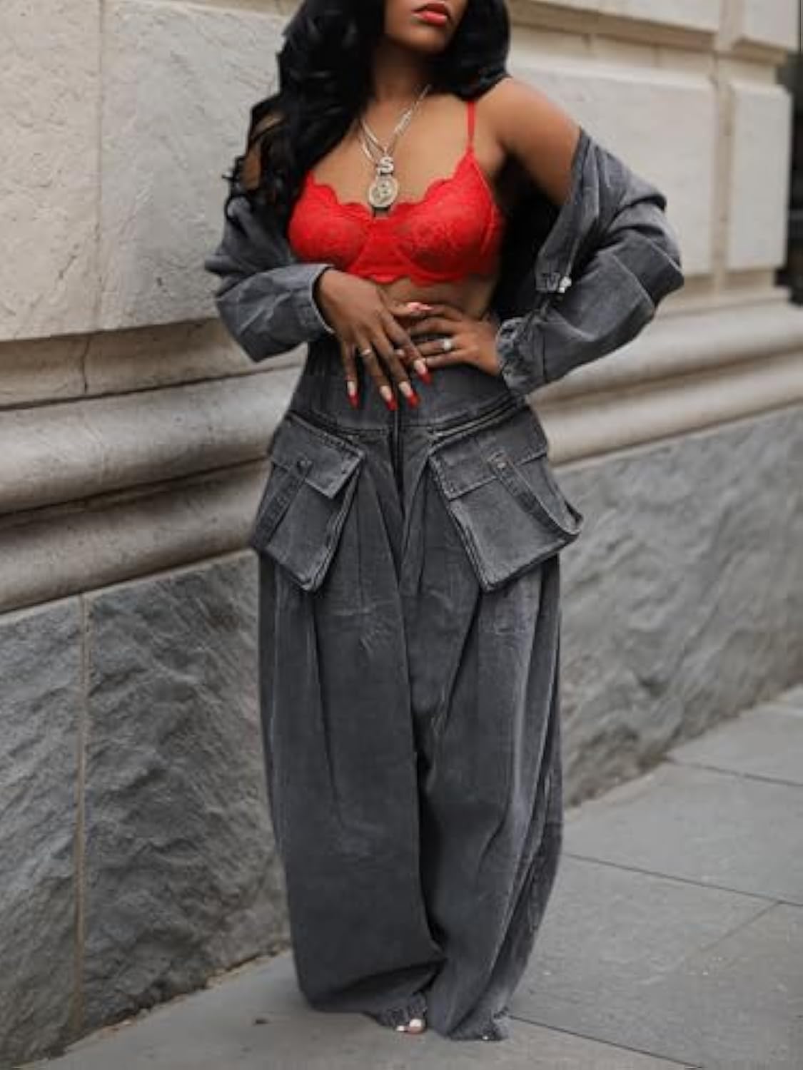 Denim Zip Long Sleeve Crop Jacket & Drawstring Loose Wide Leg Pant