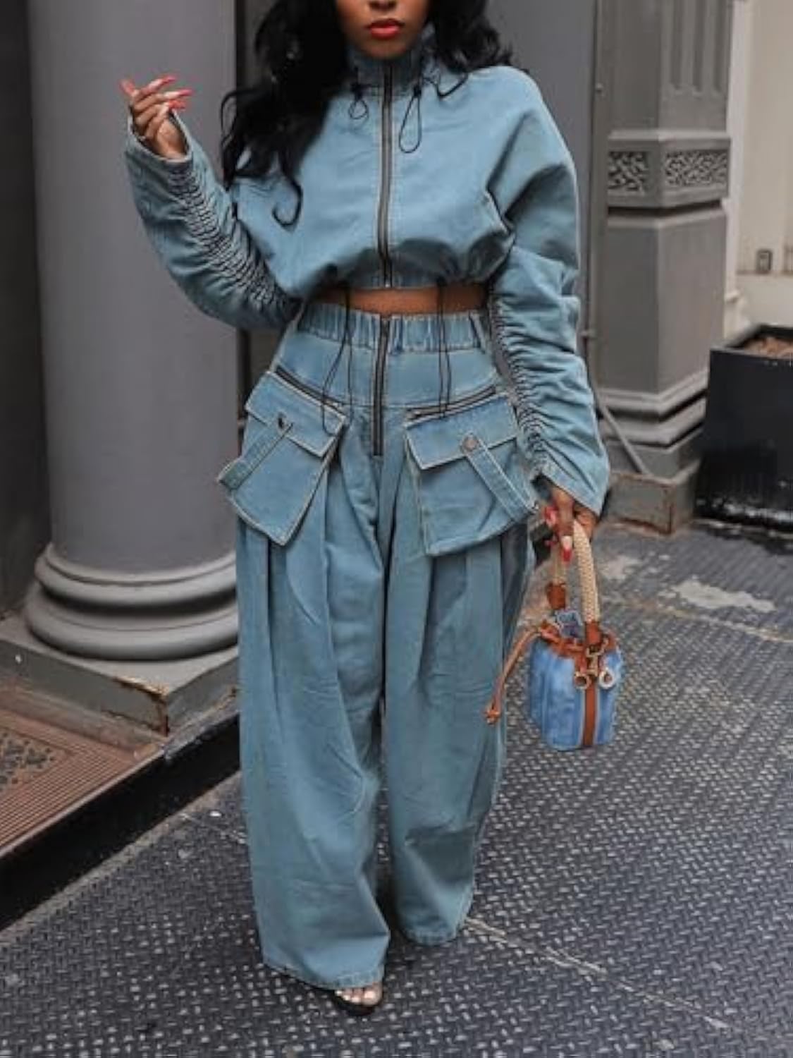 Denim Zip Long Sleeve Crop Jacket & Drawstring Loose Wide Leg Pant