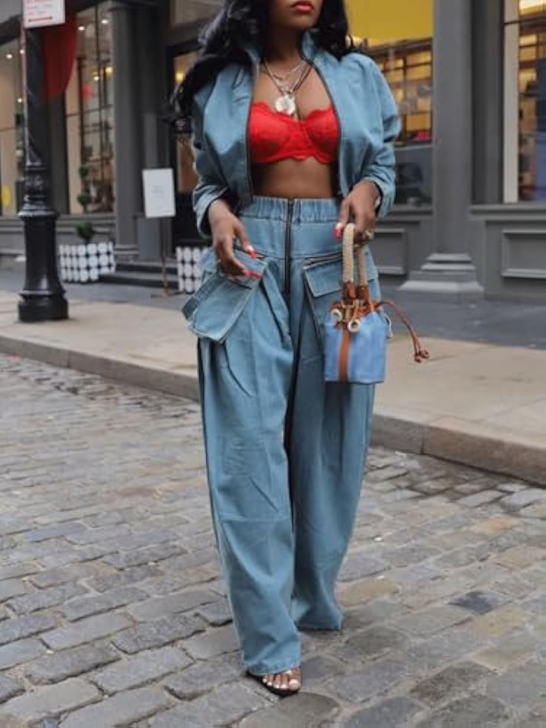 Denim Zip Long Sleeve Crop Jacket & Drawstring Loose Wide Leg Pant