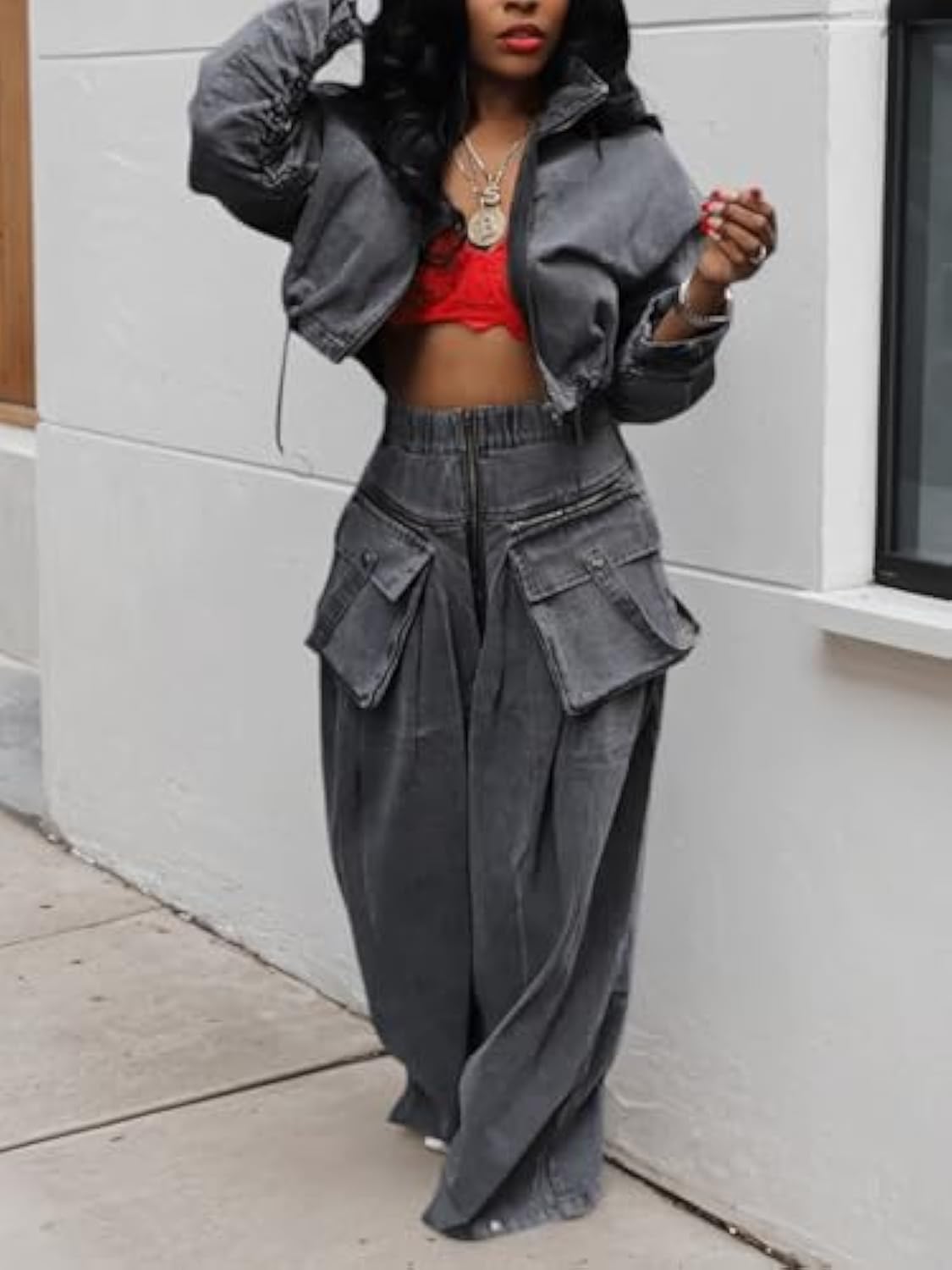 Denim Zip Long Sleeve Crop Jacket & Drawstring Loose Wide Leg Pant