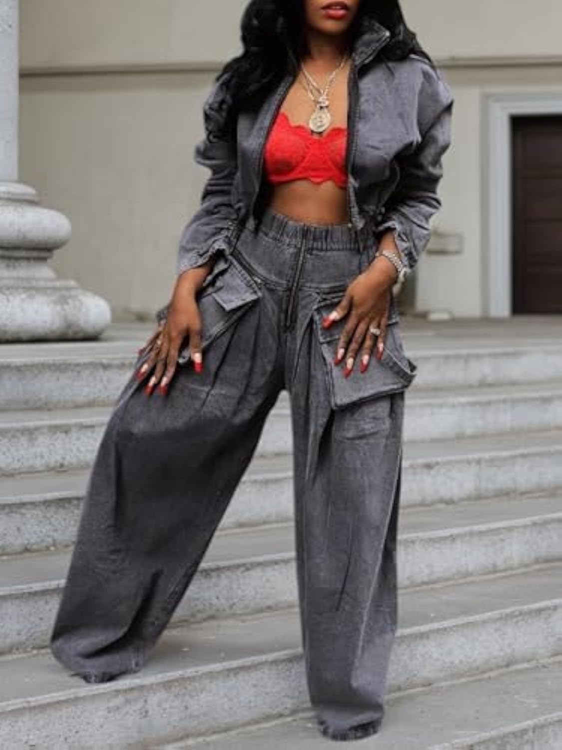 Denim Zip Long Sleeve Crop Jacket & Drawstring Loose Wide Leg Pant