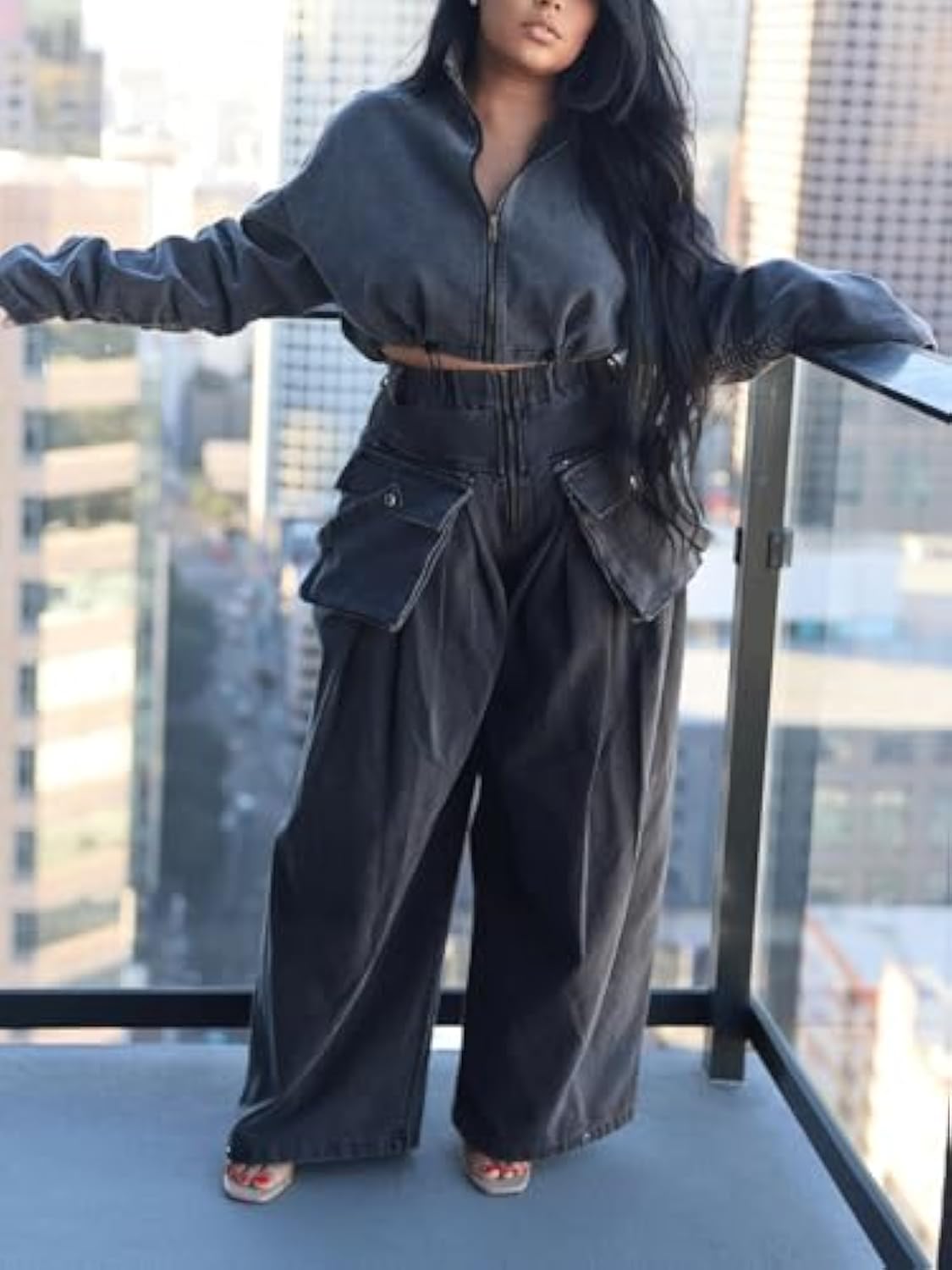 Denim Zip Long Sleeve Crop Jacket & Drawstring Loose Wide Leg Pant