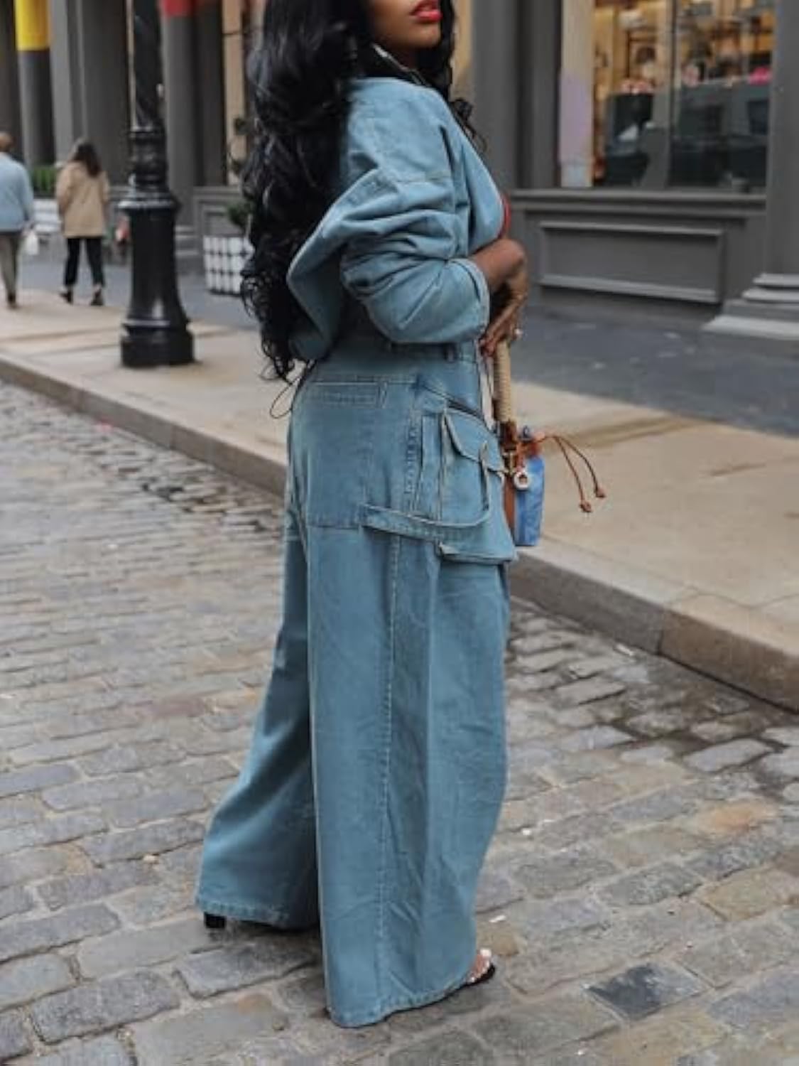 Denim Zip Long Sleeve Crop Jacket & Drawstring Loose Wide Leg Pant