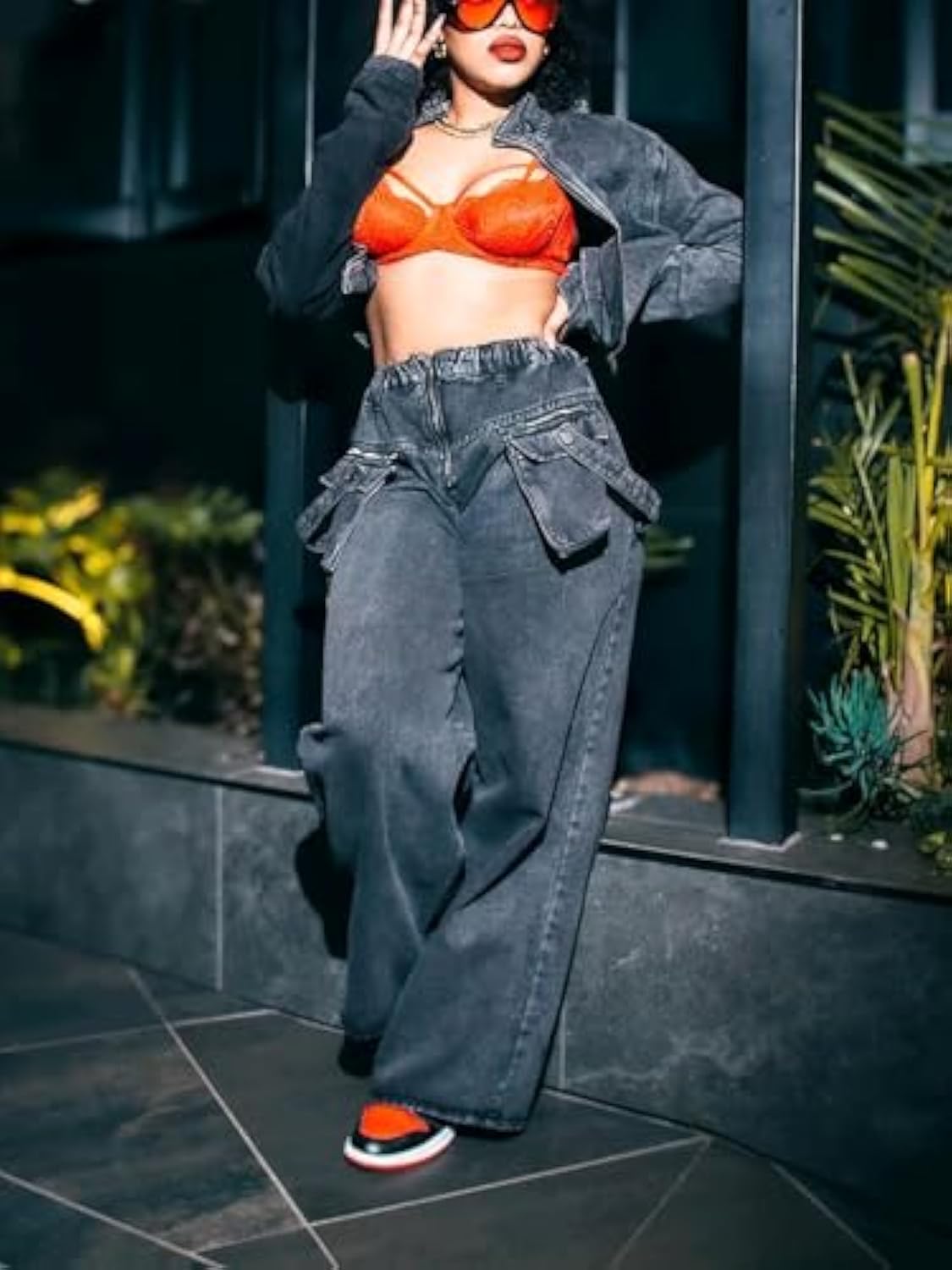 Denim Zip Long Sleeve Crop Jacket & Drawstring Loose Wide Leg Pant