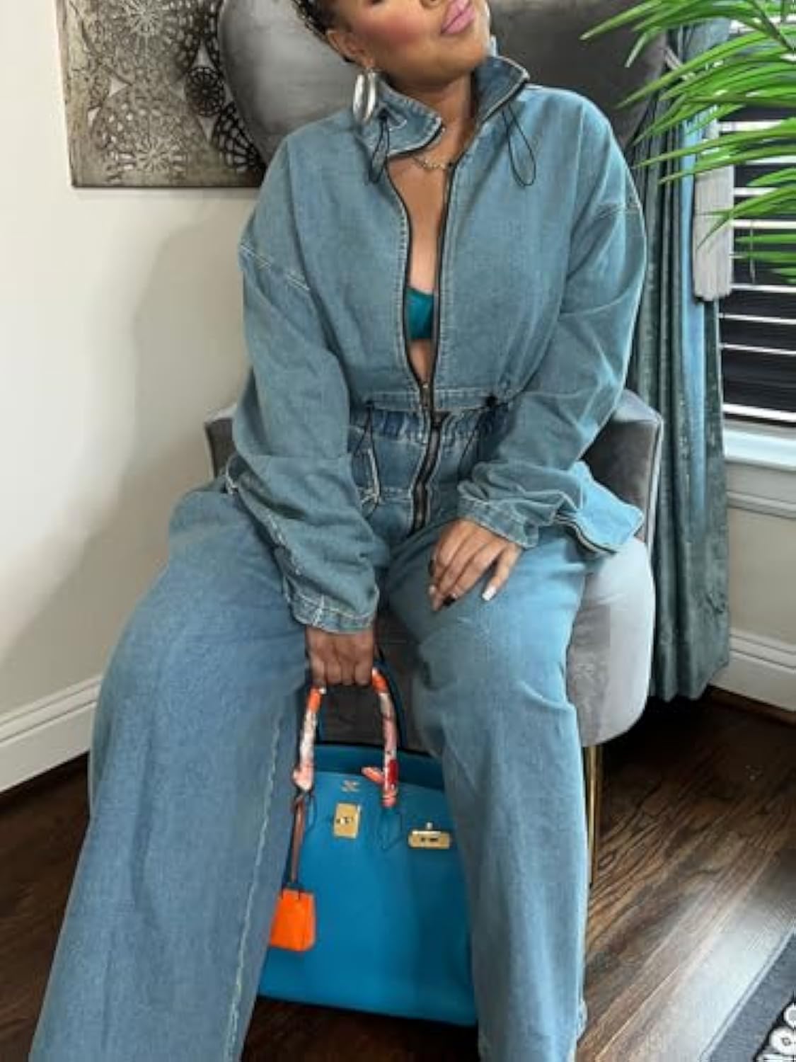 Denim Zip Long Sleeve Crop Jacket & Drawstring Loose Wide Leg Pant