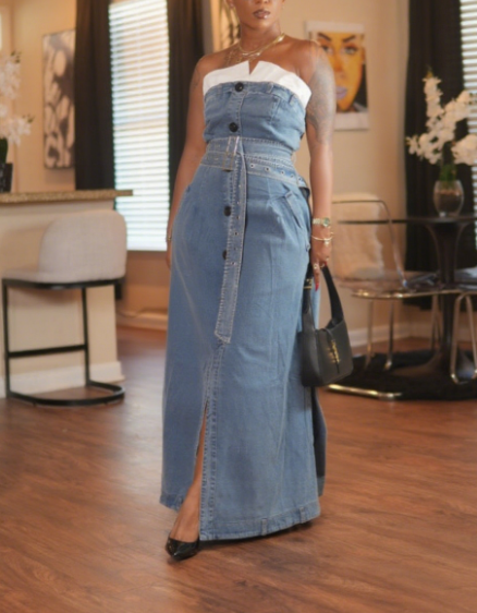 Belted Strapless Denim Maxi Dress