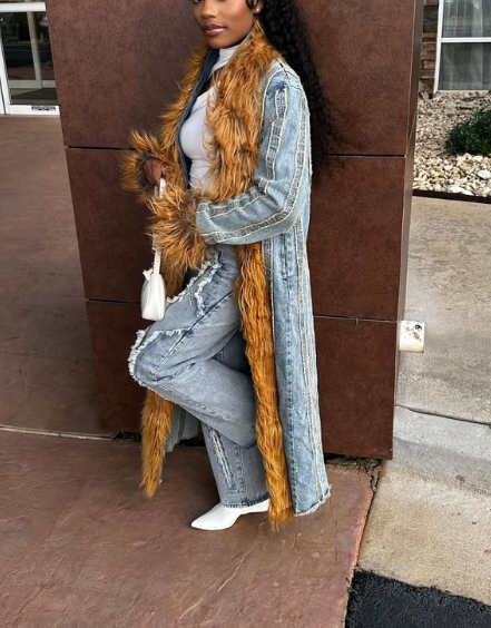 Denim Faux Fur Long Coat