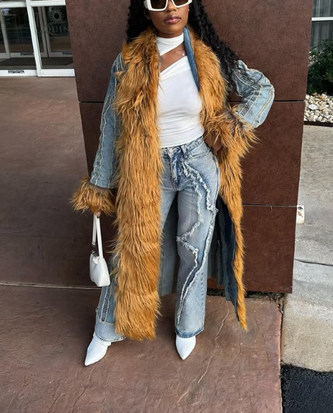 Denim Faux Fur Long Coat