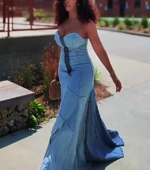 Strapless Patchwork Denim Maxi Dress