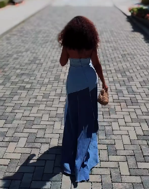 Strapless Patchwork Denim Maxi Dress