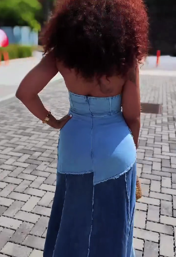 Strapless Patchwork Denim Maxi Dress