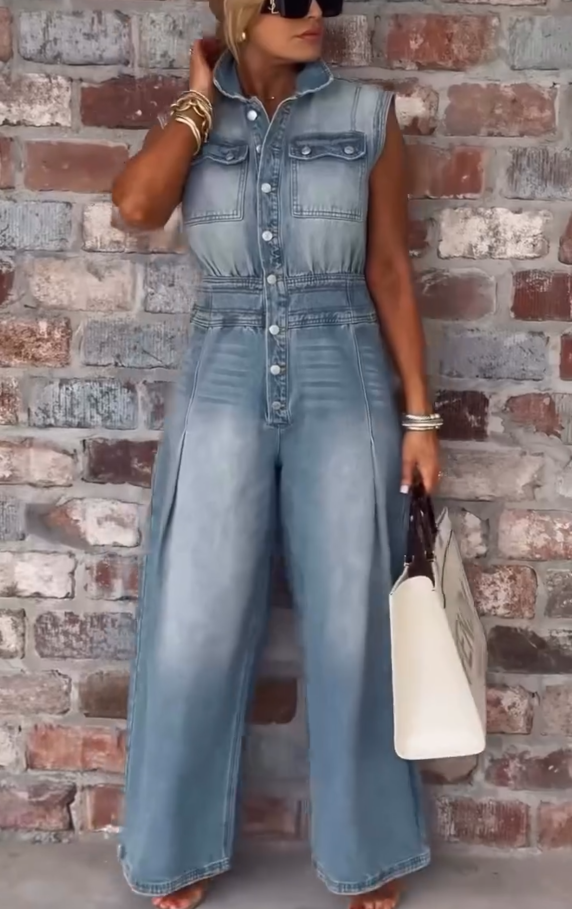 Casual Washed Sleeveless Denim Wide-leg Jumpsuit