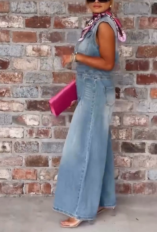Casual Washed Sleeveless Denim Wide-leg Jumpsuit
