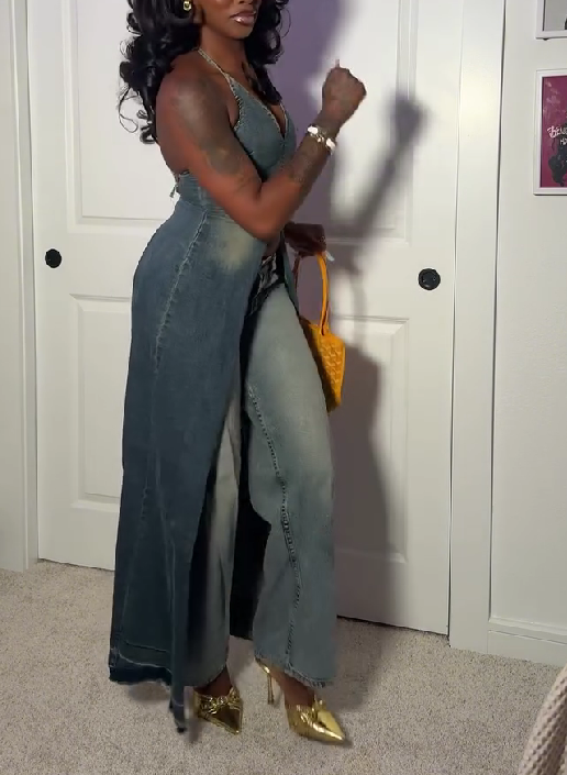 Denim Vest with V-Neck and Slit Hollow Back