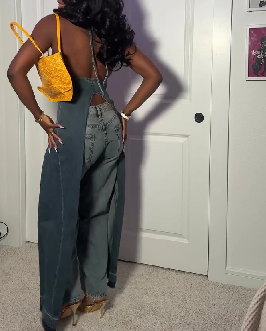 Denim Vest with V-Neck and Slit Hollow Back