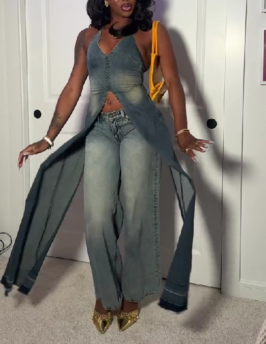 Denim Vest with V-Neck and Slit Hollow Back