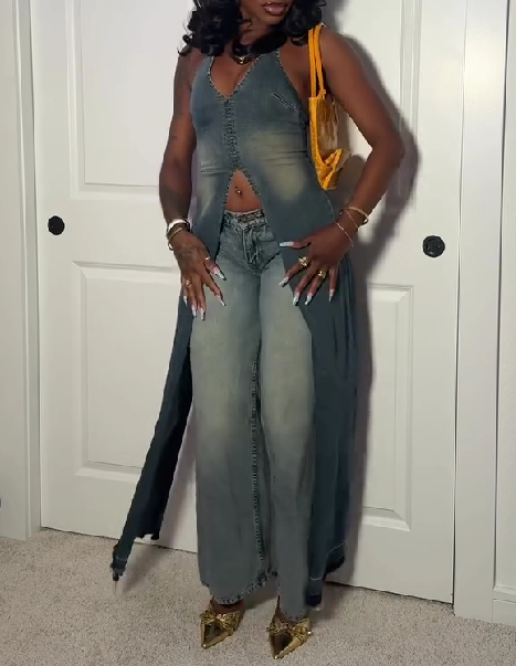 Denim Vest with V-Neck and Slit Hollow Back