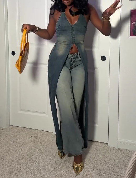 Denim Vest with V-Neck and Slit Hollow Back