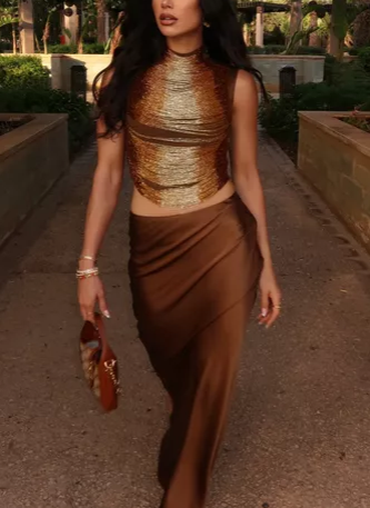 Sleeveless High-neck Fringe Paneled Top & Satin Skirt Set