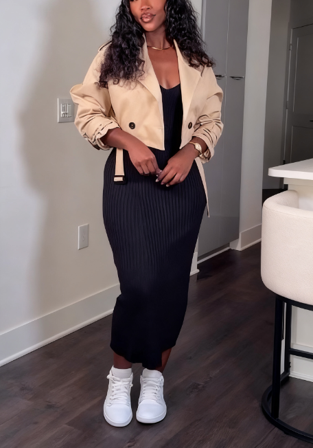 Belted Long-sleeved Cropped Casual Jacket