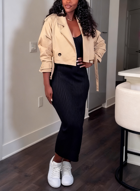 Belted Long-sleeved Cropped Casual Jacket