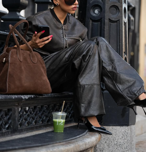 Faux Leather Jacket Wide Leg Pant Set