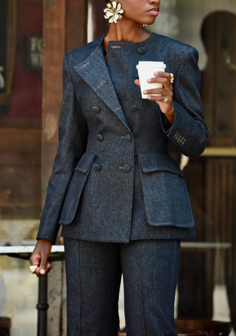 Double-breasted Tailored Blazer In Black Denim& Flared Pants