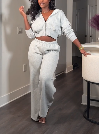 Long Sleeve Zip-up Hooded Sweatshirt And Drawstring Pants Two Pieces Sets
