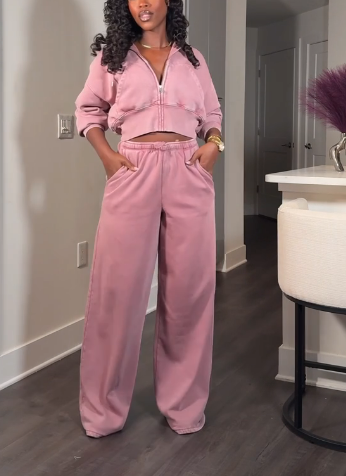 Long Sleeve Zip-up Hooded Sweatshirt And Drawstring Pants Two Pieces Sets
