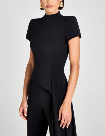 Asymmetrical Turtleneck Top With Draped Pants
