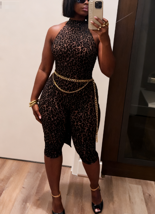 Leopard Velvet Burnout Halter Capri Bodysuit